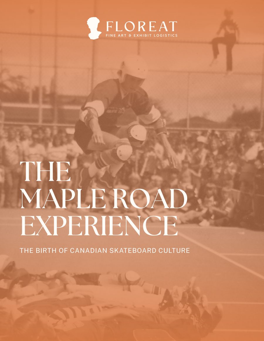The Maple Road Experience brochure cover: a 1970s skateboarder mid-jump over a row of kids, tinted orange