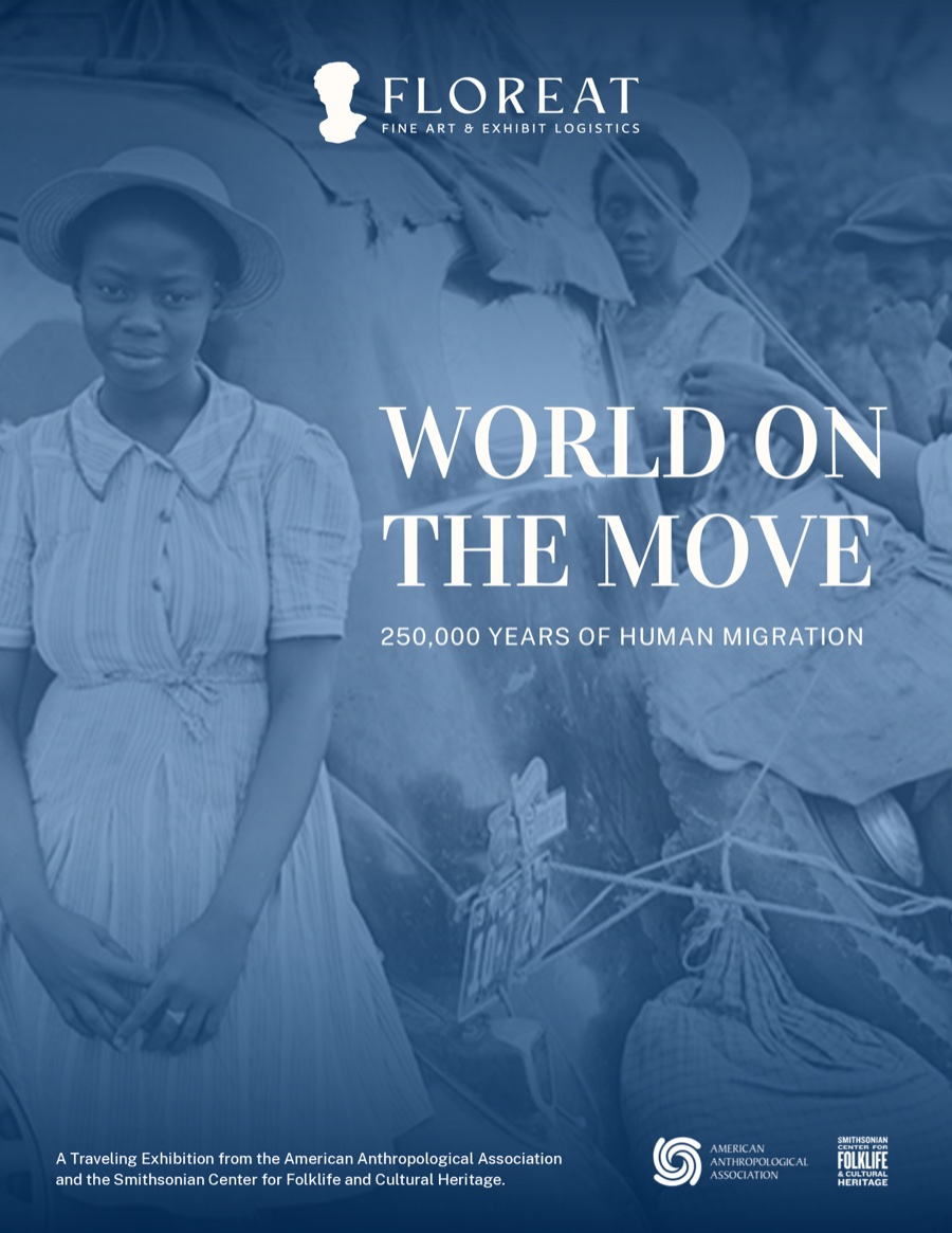 World on the Move brochure cover: a young woman in a sun hat standing beside her family's packed car, 1940s photograph tinted blue