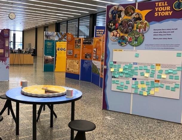 The Tell Your Story wall covered in visitors' sticky notes beside the spinner table